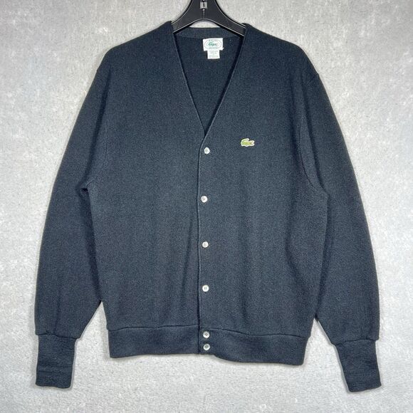 Vintage 80'S Lacoste IZOD Cardigan Men’s Large Black Acrylic Knit Made in USA - Picture 1 of 11